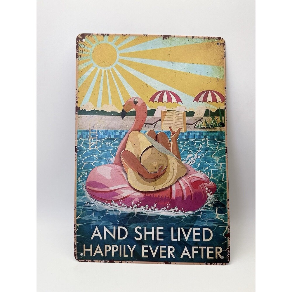 Tin Metal Signs Patio Decor And She Lived Happily Ever After Flamingo Swim *Flaw